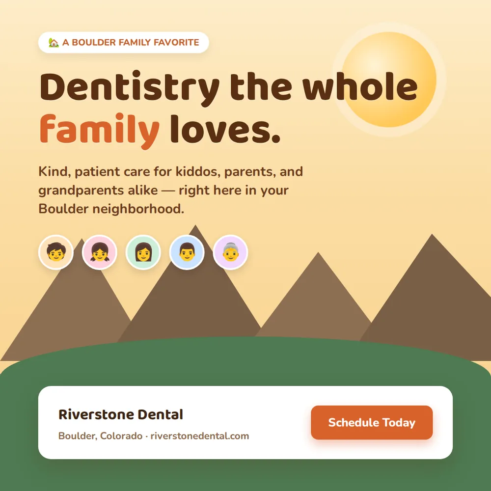Ad without the MCP: five emoji faces standing in for a family above a cartoon mountain range.